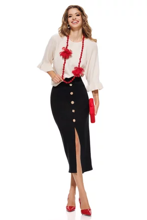 Fusta midi conica din tricot premium cu crapatura si nasturi bijuterie