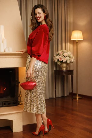 Fusta midi din paiete aurii si argintii cu crapatura pe picior