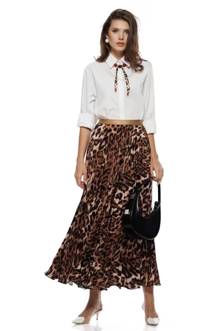 Fusta midi plisata din saten animal print bordurata cu fir de intarire