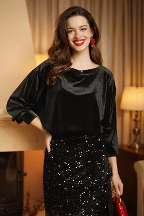 Fusta mini asimetrica din catifea cu paiete  cu aplicatie de dantela