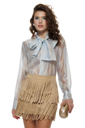 Fusta mini bej de piele intoarsa cu franjuri suprapuse