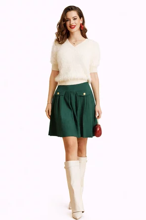 Fusta mini eleganta plisata verde cu nasturi metalici pe buzunare