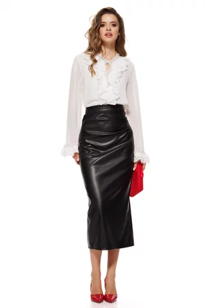 Fusta piele ecologica neagra cu talie inalta si pliuri de cambrare