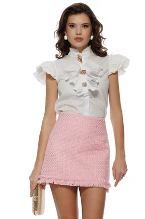 Fusta premium eleganta din tweed roz cu paiete fine si detalii franjurate