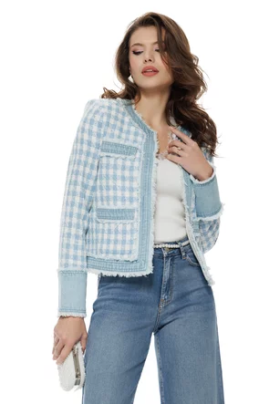 Geaca dama din stofa carouri premium din bumbac cu insertii de blug