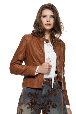 Geaca dama scurta din piele ecologica premium cappuccino cusaturi decorative