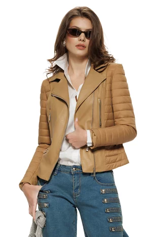 Geaca dama scurta din piele ecologica premium coppuccino insertii de fas