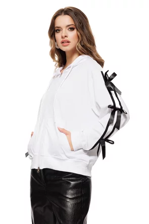 Hanorac dama alb subtire cu fundite gluga si fermoar