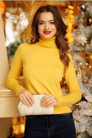 Helanca dama galben intens eleganta cu mansete late cu decupaje si aplicatii de perle