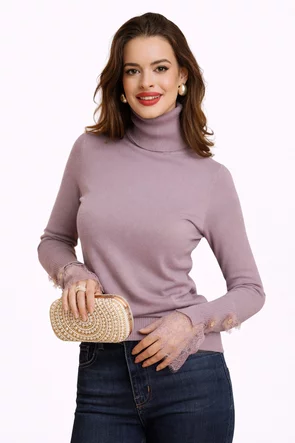 Helanca dama lavanda eleganta cu volane din dantela si nasturi cu puf