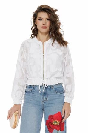 Jacheta bomber alba din bumbac structurat supersoft cu snur de cambrare si fermoar metalicc