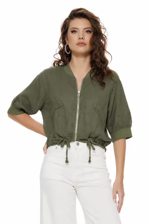 Jacheta bomber din in kaki supersoft cu snur de cambrare si fermoar metalic