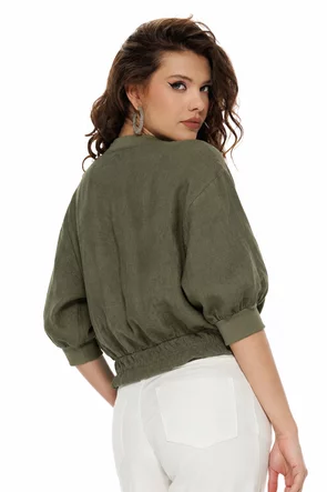 Jacheta bomber din in kaki supersoft cu snur de cambrare si fermoar metalic