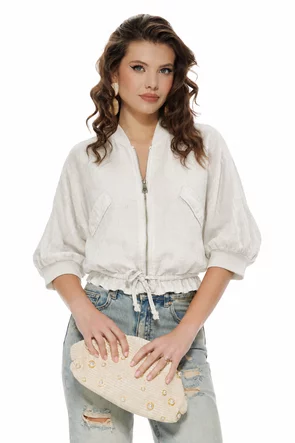 Jacheta bomber din in nature supersoft cu snur de cambrare si fermoar metalic