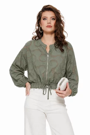 Jacheta bomber olive din bumbac structurat supersoft cu snur de cambrare si fermoar metalicc