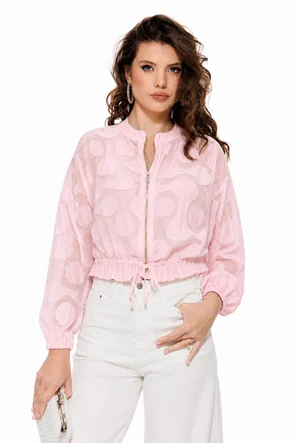 Jacheta bomber roz din bumbac structurat supersoft cu snur de cambrare si fermoar metalicc