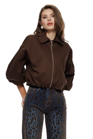 Jacheta dama bomber din bumbac maro cu fermoar si revere