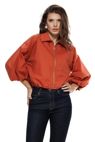 Jacheta dama bomber din bumbac teracota cu fermoar si revere