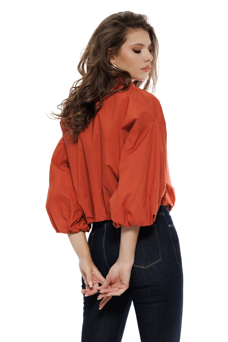 Jacheta dama bomber din bumbac teracota cu fermoar si revere picture - 2