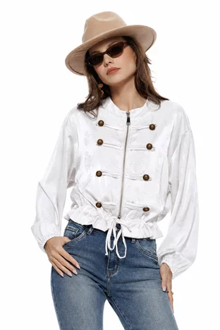 Jacheta dama bomber din satin alb supersoft brademburguri si nasturi militar