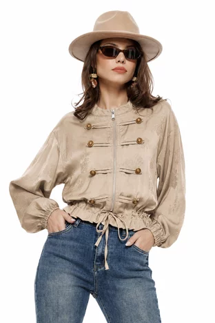 Jacheta dama bomber din satin bej supersoft brademburguri si nasturi militar