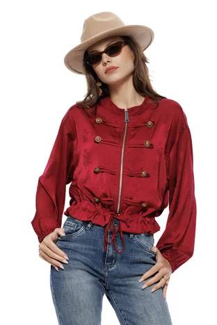 Jacheta dama bomber din satin bordo supersoft brademburguri si nasturi militar