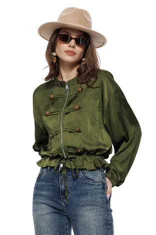 Jacheta dama bomber din satin olive supersoft brademburguri si nasturi militar