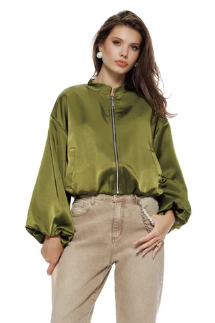 Jacheta dama bomber din satin olive supersoft cu buzunare laterale si guler tunica