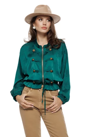Jacheta dama bomber din satin verde supersoft brademburguri si nasturi militar