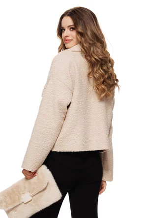Jacheta dama crem cu buzunare si fermoar din tricot plusat bumbac cu lana