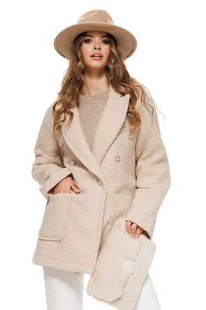 Jacheta dama crem stil sacou din tricot plusat bumbac cu lana