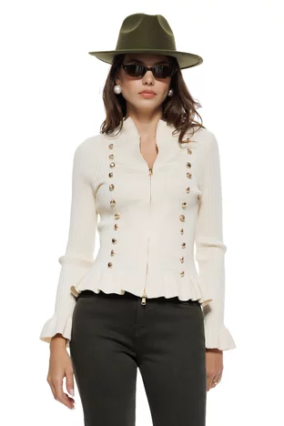 Jacheta dama eleganta din tricot premium crem cu nasturi metalici si volane