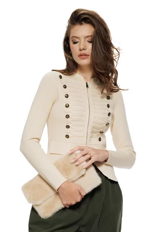 Jacheta dama eleganta din tricot premium crem cu peplum si brandemburguri cu nasturi metalici