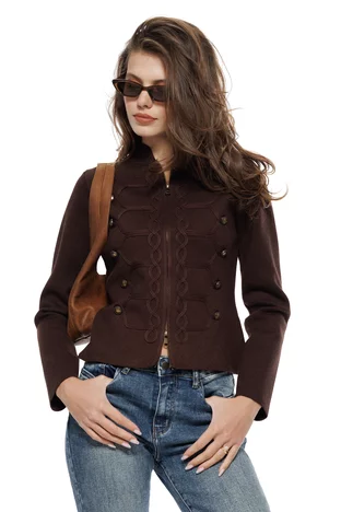 Jacheta dama eleganta din tricot premium maro cu brandemburguri si nasturi metalici