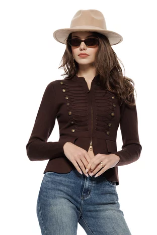 Jacheta dama eleganta din tricot premium maro cu peplum si brandemburguri cu nasturi metalici