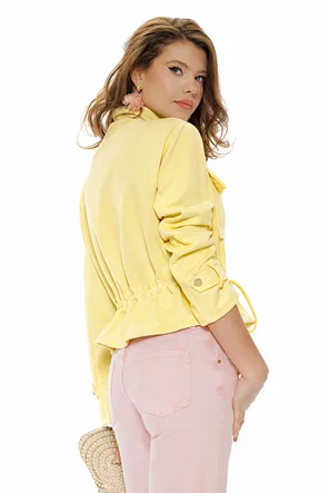 Jacheta dama galbena din piele intoarsa eco cu buzunare si snur reglabil in talie