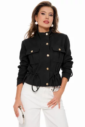 Jacheta dama neagra din piele intoarsa eco cu buzunare si snur reglabil in talie