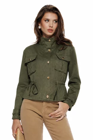 Jacheta dama olive din piele intoarsa eco cu buzunare si snur reglabil in talie