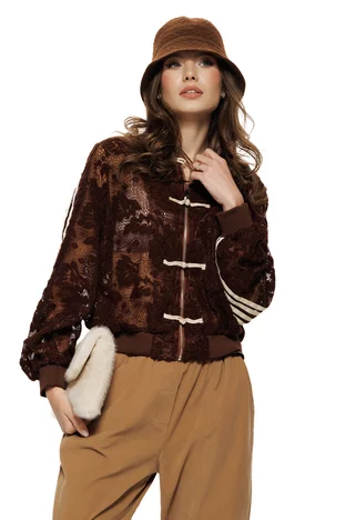 Jacheta dama premium din dantela maro cu ornamente brandemburg