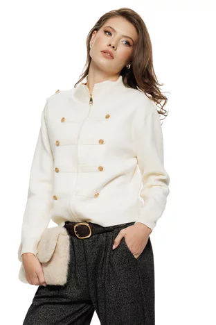 Jacheta dama premium din tricot crem cu aplicatii militare