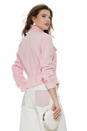 Jacheta dama roz din piele intoarsa eco  cu buzunare si snur reglabil in talie