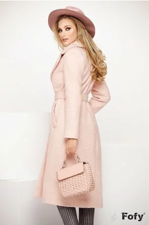 Palton dama elegant roz pudra deschis cu cordon
