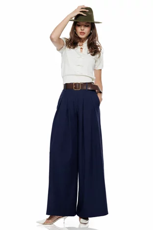 Pantalon dama bleumarin extra-wide cu talie inalta pense duble si centura in talie
