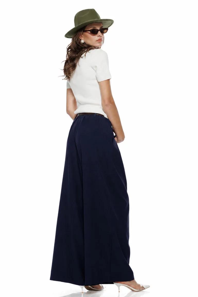 Pantalon dama bleumarin extra-wide cu talie inalta pense duble si centura in talie picture - 2