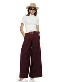Pantalon dama bordo extra-wide cu talie inalta pense duble si centura in talie picture - 1