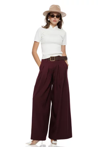 Pantalon dama bordo extra-wide cu talie inalta pense duble si centura in talie