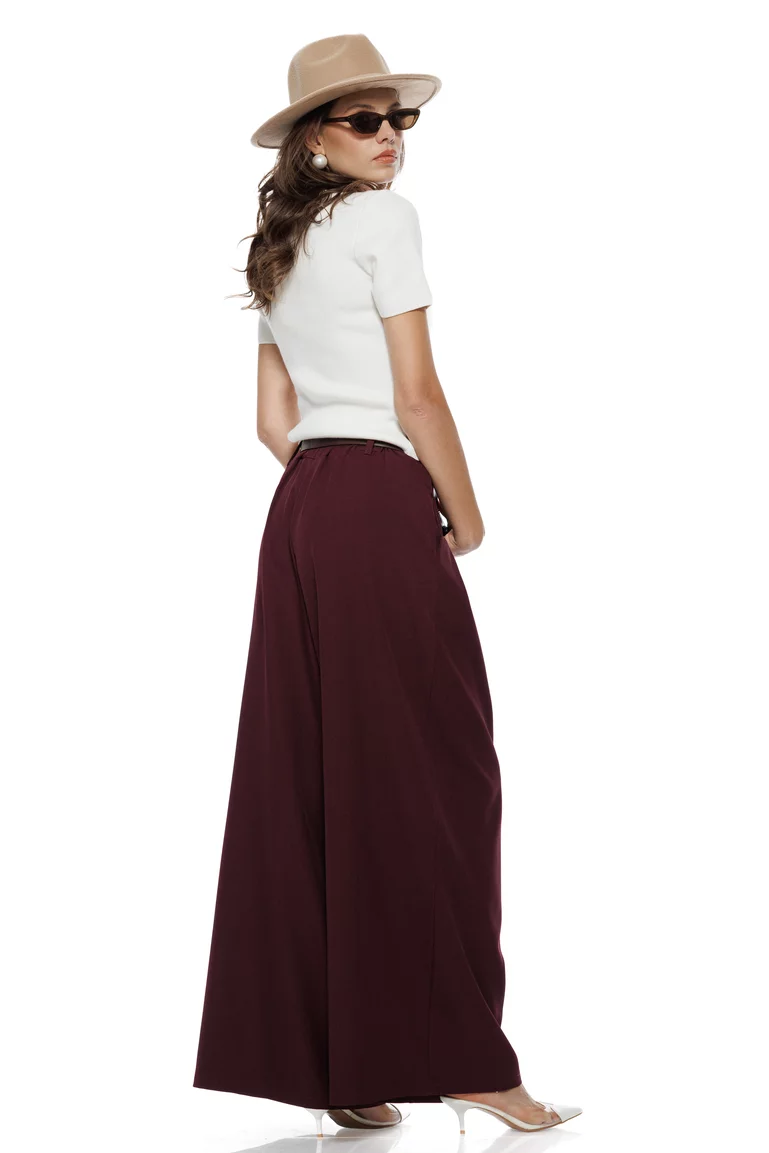 Pantalon dama bordo extra-wide cu talie inalta pense duble si centura in talie picture - 4