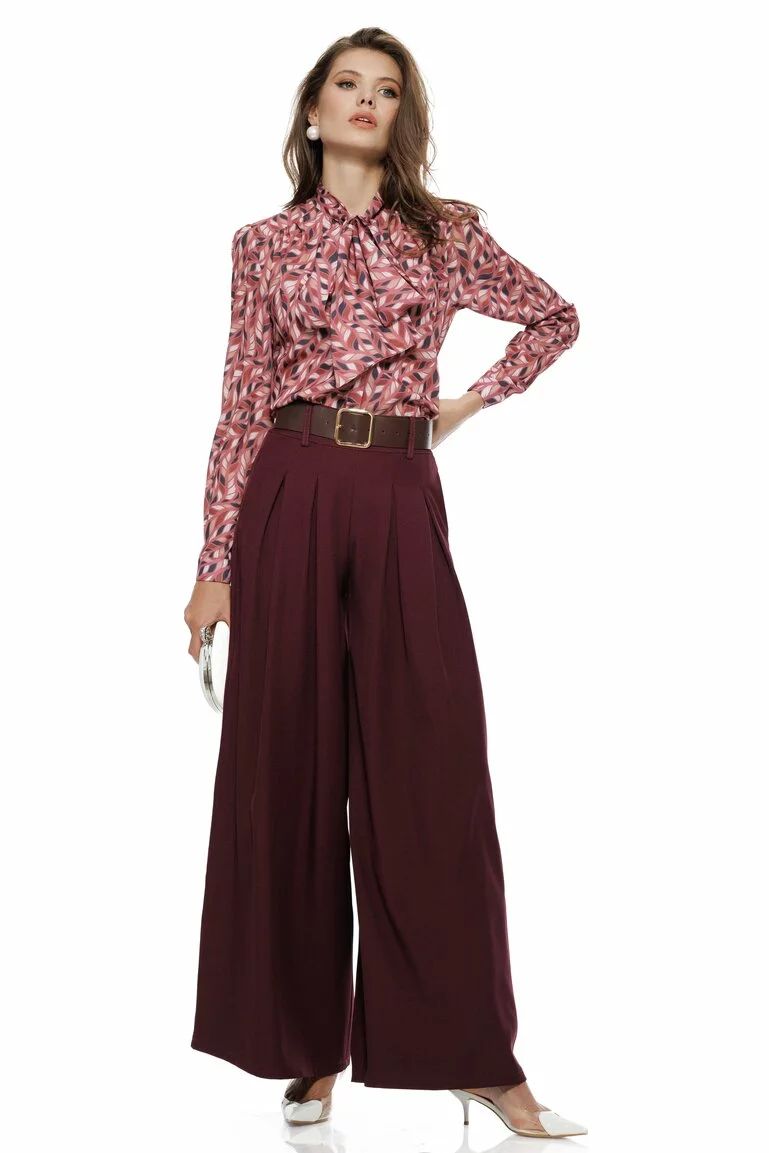 Pantalon dama bordo extra-wide cu talie inalta pense duble si centura in talie picture - 2