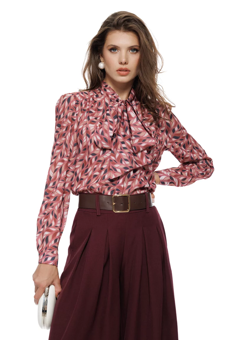 Pantalon dama bordo extra-wide cu talie inalta pense duble si centura in talie picture - 5