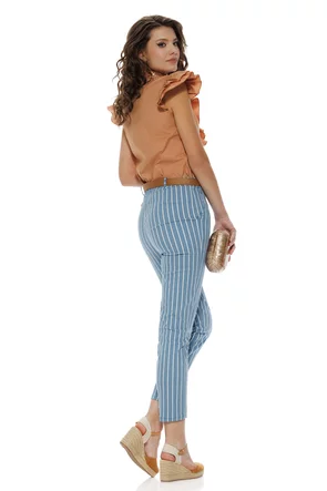 Pantalon dama casual din bumbac elastic albastru cu dungi si curea